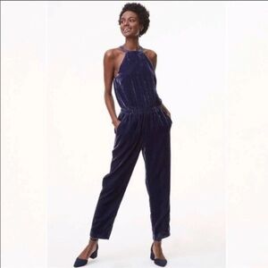 LOFT midnight blue velvet jumpsuit halter style & rladtic waist NEW NWT Sz Large